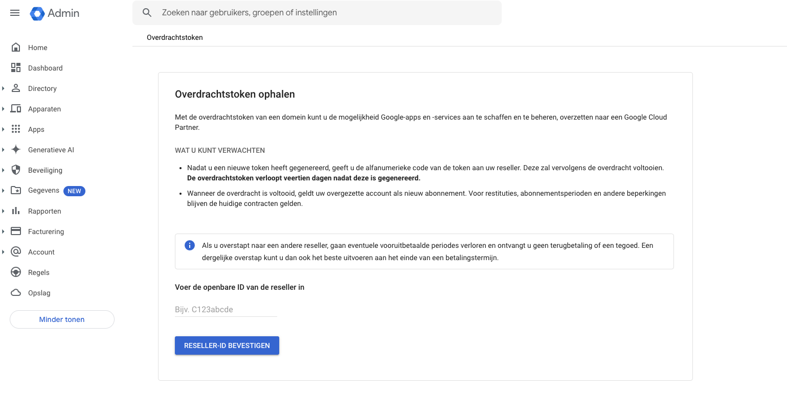 Google Workspace admin Overdrachtstoken ophalen